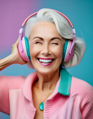 Fototapeta premium Studio portrait of eccentric elderly woman listening to music on headphones, colorful pink and yellow background