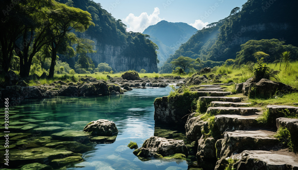 Poster Tranquil scene green mountain peak reflects in the calm pond generated by AI