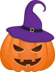 funny halloween pumpkin in a witch hat smiling. cartoon element in halloween concept