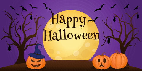 Gradient violet halloween cartoon horizontal banner template