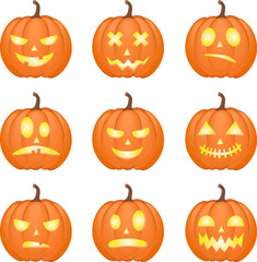 Happy halloween big set of pumpkin cartoon emotions 