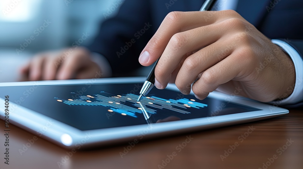 Poster a user engages with a digital tablet displaying a business analytics dashboard, drawing and writing 
