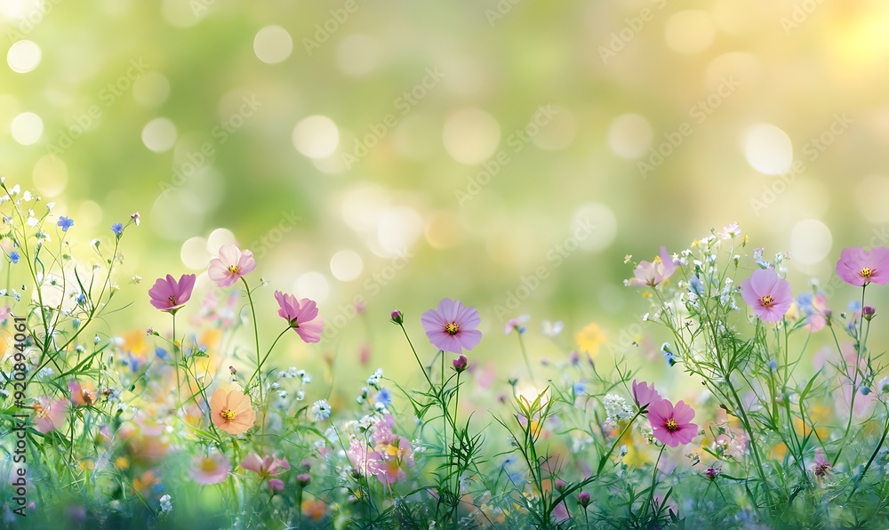 Poster background of blooming wildflowers in a meadow with vibrant colors and soft bokeh