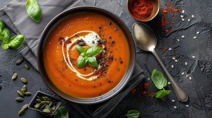 Pumpkin soup with cream, basil, black pepper, and pumpkin seeds