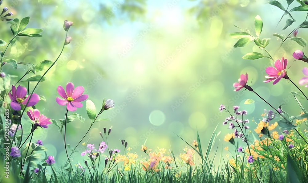 Poster Background of Blooming Wildflowers in a Meadow with Vibrant Colors and Soft Bokeh