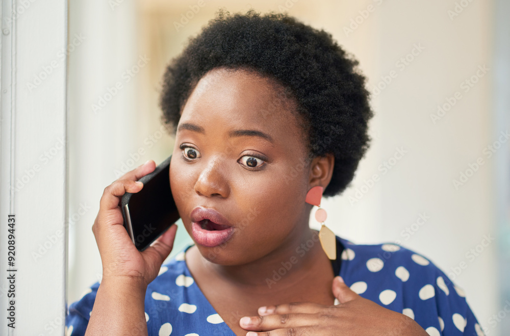 Poster Shocked, business and black woman with phone call in office for company gossip, fake news or announcement. Surprised, contact and female employee with mobile for wow, disbelief or conversation