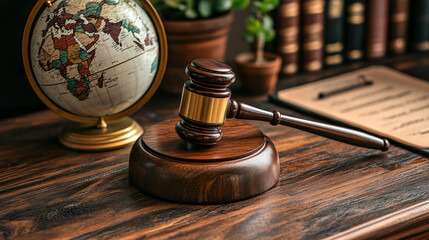 a legal gavel placed on a modern management work table. globe and justice balance scale beside for anti trust