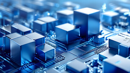 A professional 3D rendering of a corporate-themed PPT cover background, utilizing shades of blue and grey, with sleek lines and minimalistic design elements, ideal for business presentations.