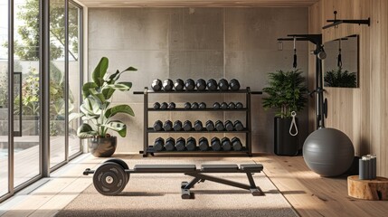 Minimalist gym with rowing machine, free weights on sleek rack, smart fitness mirror.