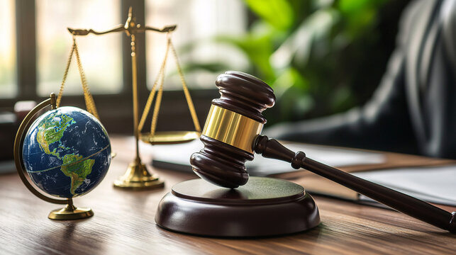 a legal gavel placed on a modern management work table. globe and justice balance scale beside for anti trust
