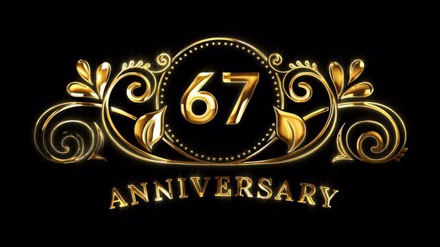 67th Anniversary Celebration. Happy 67 Years Anniversary Animation in Gold Color on the Transparent Background, Alpha Channel. Great for greetings, celebrations, events, and gifts.