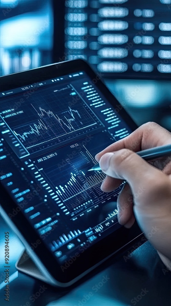 Poster a user engages with a digital tablet displaying a business analytics dashboard, drawing and writing 