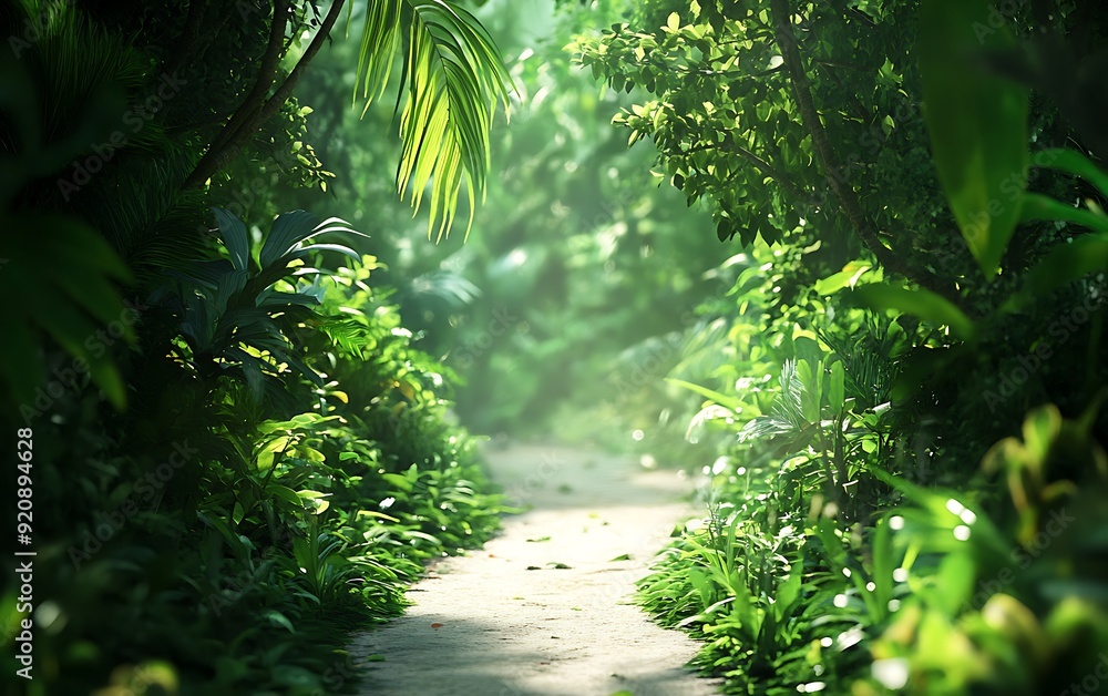 Poster background of a jungle trail with dense foliage and soft bokeh effect