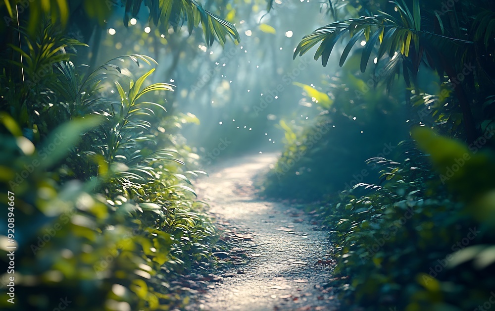 Aufkleber background of a jungle trail with dense foliage and soft bokeh effect