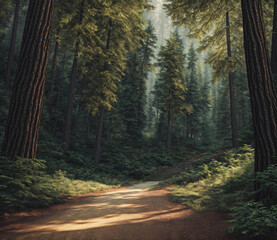 Fototapeta premium A forest path with trees on either side