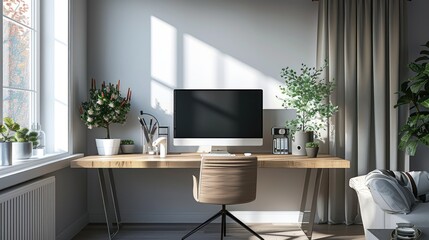 Minimalist home office with wall-mounted monitor, desk with hidden cable management, comfortable chair.
