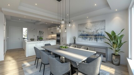 Minimalist dining room with rectangular dining table, gray chairs, built-in buffet.