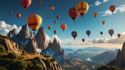 Naklejka premium A mountain range with a lake in the distance and many colorful hot air balloons floating in the sky