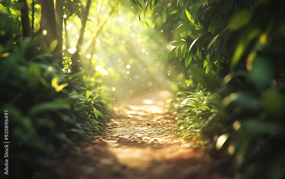 Poster background of a jungle trail with dense foliage and soft bokeh effect