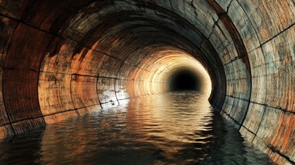 Naklejka premium Underground water drainage tunnel with a curved path, illustrating the complexity and efficiency of urban infrastructure.