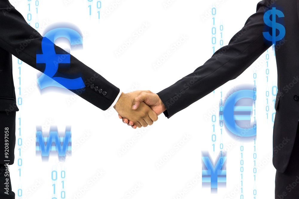 Wall mural two people in suit are shaking hand, symbolizing agreement and partnership, with numeric digits and 