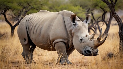Fototapeta premium A large, gray rhinoceros standing in tall, dry grass with trees in the background.