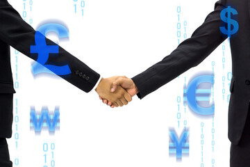Two people in suit are shaking hand, symbolizing agreement and partnership, with numeric digits and various currency symbol scattered around.