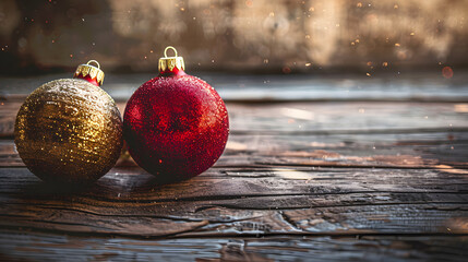 red snd gold christmas baubles, wood plank, copy space, christmas web design concept