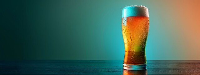  A tall beer glass rests on a brown wooden table Behind it, a green and orange wall stretches