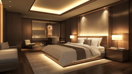 Modern Luxurious Hotel Bedroom with Warm Lighting