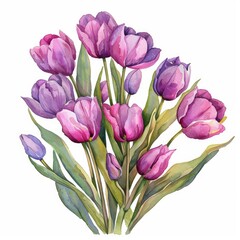 Fototapeta premium Elegant Tulip Bouquet Watercolor Illustration for Spring Greeting Card