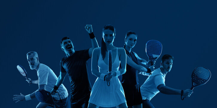 Padel tennis open tour poster. Flyer template with athletes players with rackets. Men and women with paddle racket on court. Download a high quality photo for the design of a sports app