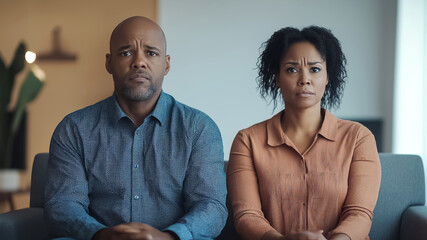 Worried couple is sitting on their sofa at home, experiencing difficulties in their relationship