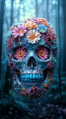 A colorful skull adorned with vibrant flowers, blending nature's beauty with the theme of mortality in a mystical forest setting.