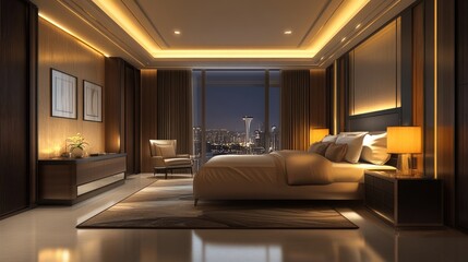 Luxury Bedroom Interior Design with Night City View