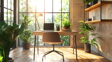 Fototapeta premium Bright, plant-filled home office with sunlight streaming in.