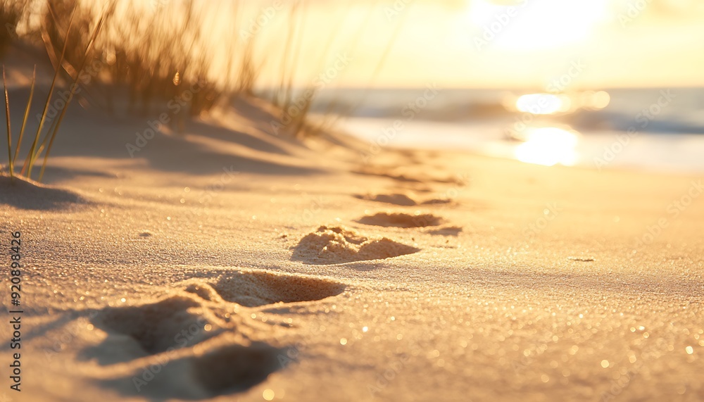 Poster background of soft sand with footprints and warm bokeh effect