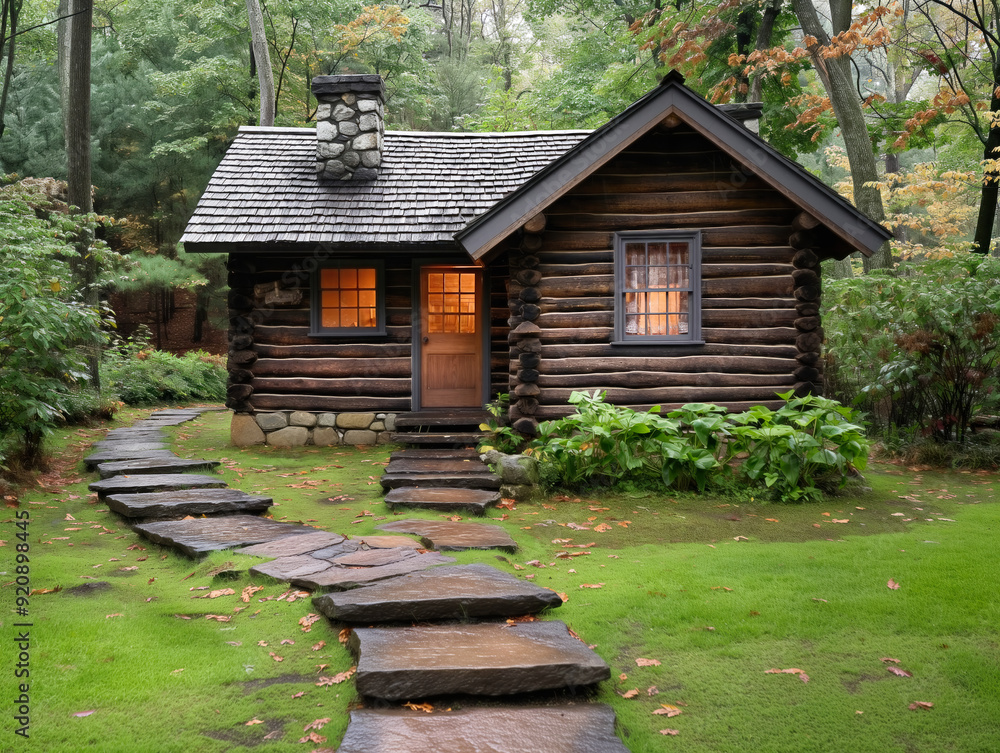 Wall mural A small log cabin with a stone path leading to it. The cabin is surrounded by trees and has a cozy, rustic feel