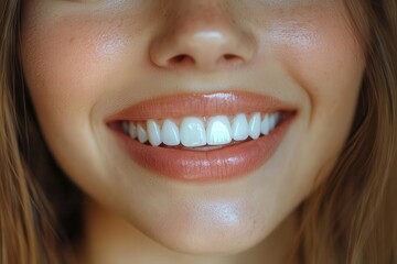 Obraz premium radiant smile closeup perfect white teeth soft lips confident expression professional dental clinic ambiance