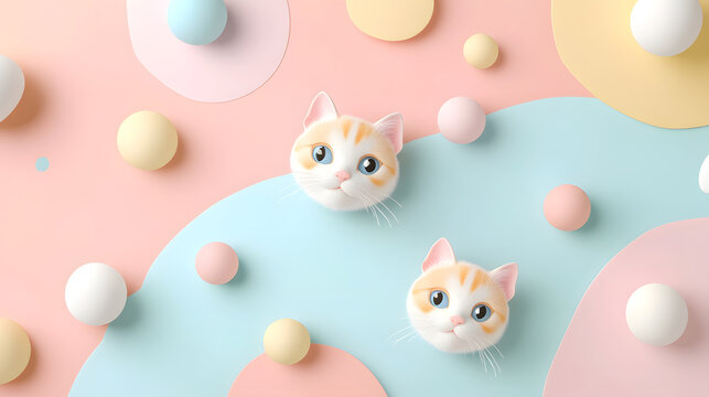 Adorable kitten faces peeking from pastel abstract shapes, charming design.