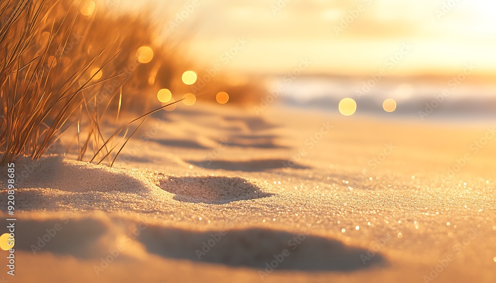 Poster background of soft sand with footprints and warm bokeh effect