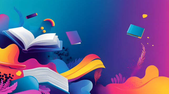 Vibrant abstract illustration of books floating in a colorful swirl.