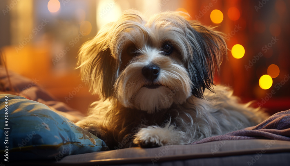 Sticker Cute puppy sitting on bed, looking at camera, fluffy and playful generated by AI