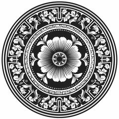 Fototapeta premium Vector round floral monochrome classic ornament. Greek meander. Patterns of Greece and ancient Rome. European border in a circle.