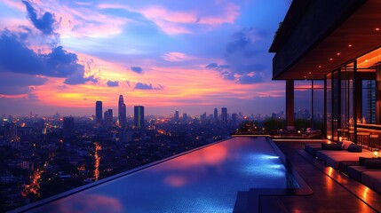 A rooftop bar overlooking the Bangkok skyline at twilight, with the city lights beginning to twinkle, representing the luxury and modernity of Bangkok vibrant nightlife and upscale experiences, Copy