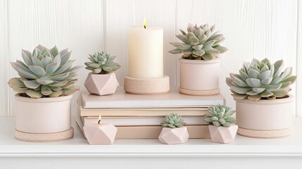 Obraz premium Stylish white bookshelves display stacks of books alongside pastel decor, potted succulents, and geometric shapes in a bright, inviting space