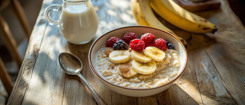 Healthy breakfast setup with oatmeal topped with fresh banana slices, raspberries, blackberries, and a jug of milk on a rustic wooden table, promoting nutritious and balanced diet concepts.