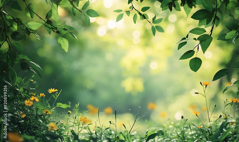 Aufkleber background of a forest glade with sunlight and soft bokeh wildflowers