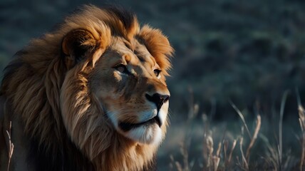 Fototapeta premium A close-up of a majestic lion with a thick mane, sitting in a grassy field with mountains in the background.
