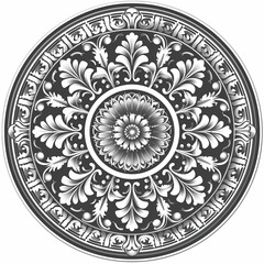 Vector round floral monochrome classic ornament. Greek meander. Patterns of Greece and ancient Rome. European border in a circle.